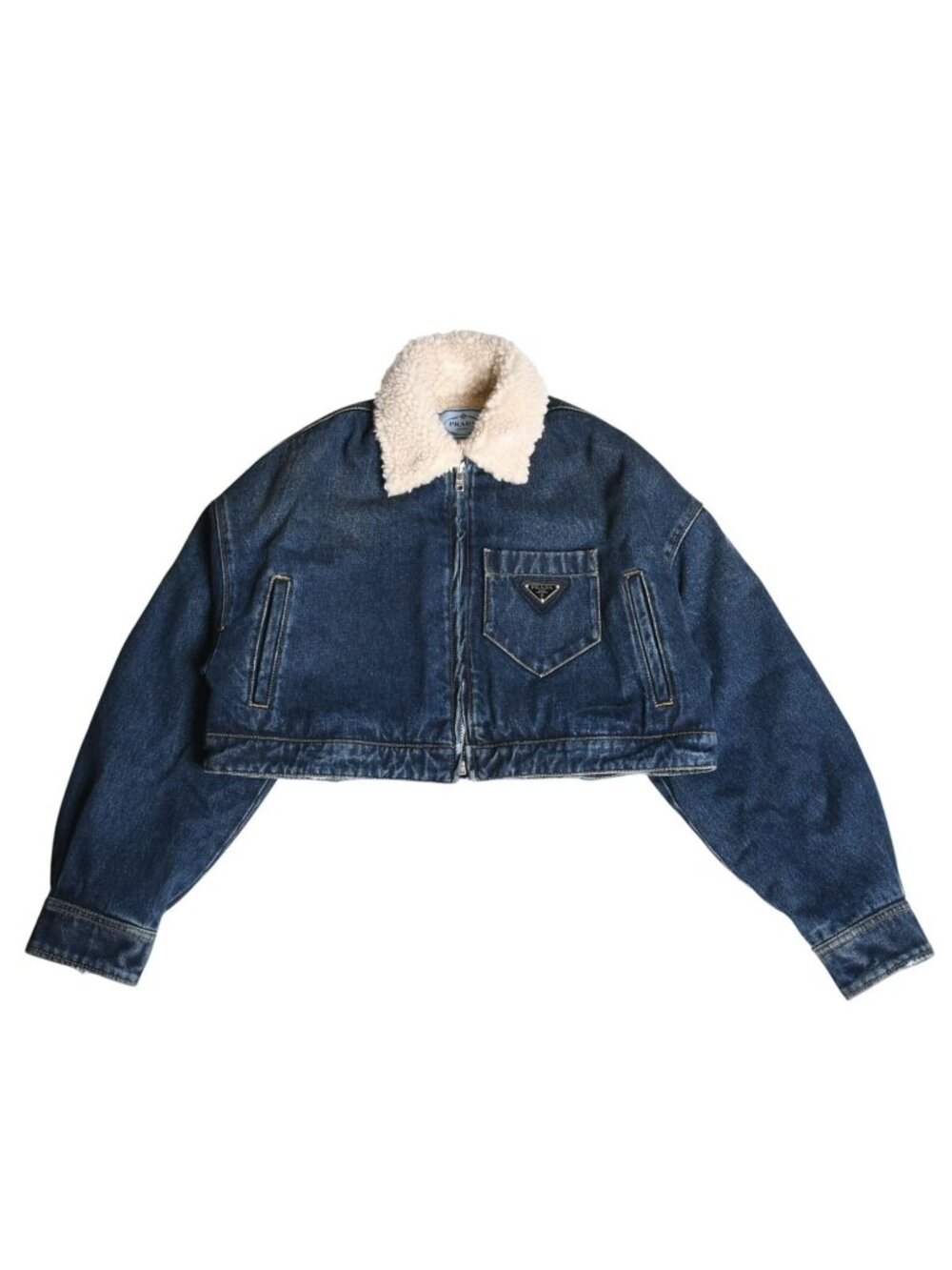 Prada Cropped Padded Denim Jacket Triangle Logo